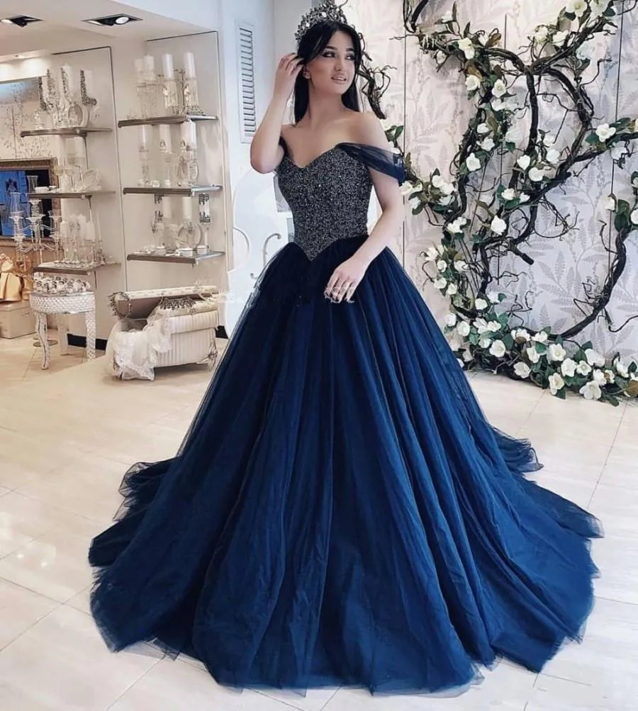 Темно-синее бальное платье Бальные платья с открытыми плечами основной бисером элегантный для выпускного вечера платья для сладкого 15 Vestido De Fiesta