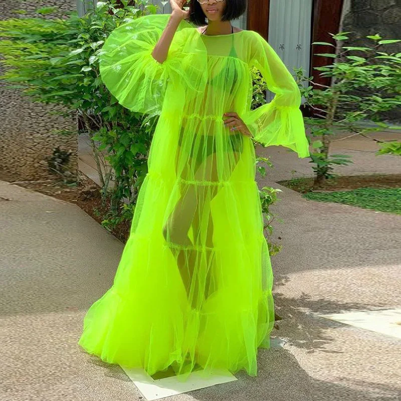2020 Popular Sexy Neon Green See Thru Long Robs Summer Tulle Women Dresses Full Sleeves Beach Female Dress Vestidos Robes