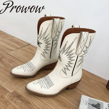 

Prowow New Balck Genuine Leather Sexy Pointed Toe Slip On Mid-calf Boots Thick Heel Cowboy Boots Shoes Women Zapatos Mujur