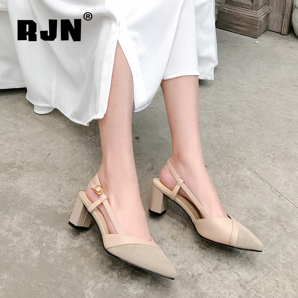 

RJN New Sandals Women' s High Quality Kid Suede Fashion Office Pointed Toe Buckle Decoration Shoes Square Heels Sandals RO109