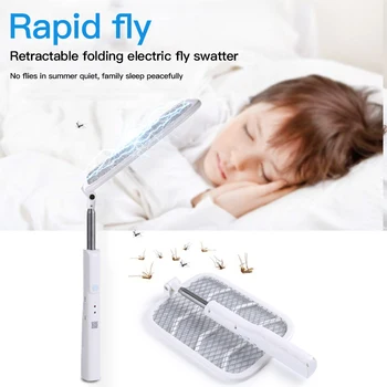 

In Stock Foldable Electric Mosquito Swatter Led Light Tennis Bat Hand-Held Racket Rechargeable Insect Racket Zapper Killer New