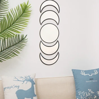

5pcs Living Room Sticker Nordic Style Ornament Apartment Moon Phase Wall Mirror Gift Home Decor DIY Nursery Bedroom Wooden Frame