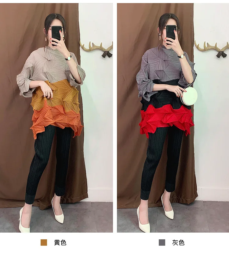 Женские топы больших размеров,, Осенние, новые, эластичные, Miyake, плиссированные, со стразами, в стиле пэчворк, воротник-стойка, Свободные повседневные футболки