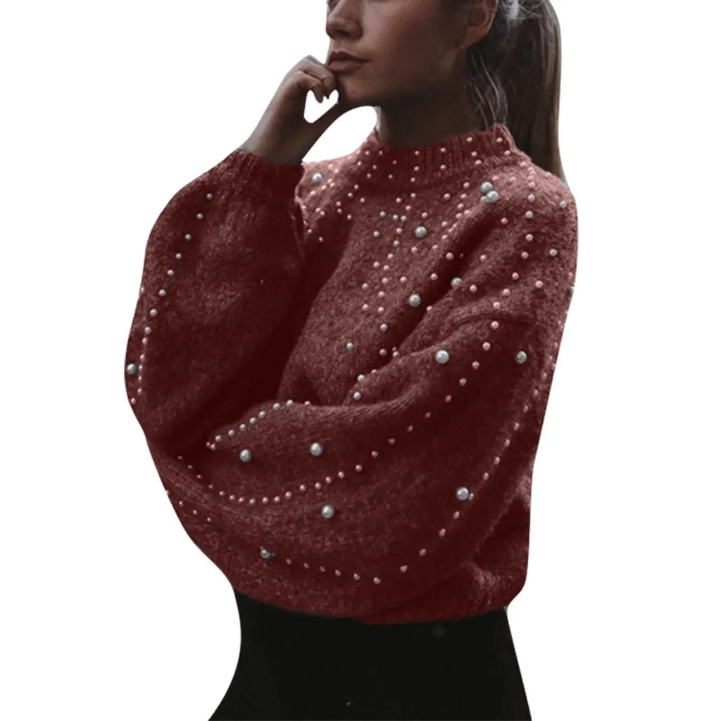 JAYCOSIN свитер, модный Женский Повседневный свитер большого размера, толстый свитер с длинными рукавами и круглым вырезом, однотонный пуловер, свитер с бусинами