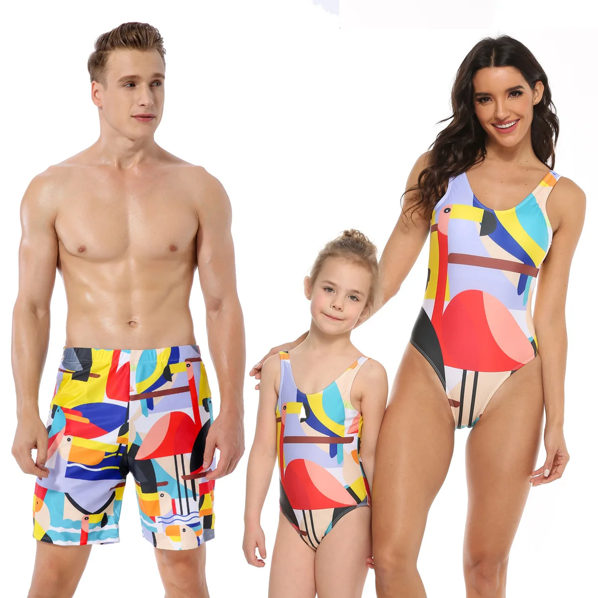 

2020 Beach Family Bathing Suit Flamingo Positioning One-piece Printed Bathing Suit Mother & Daughter Bathing Suit Men's Beach Sw