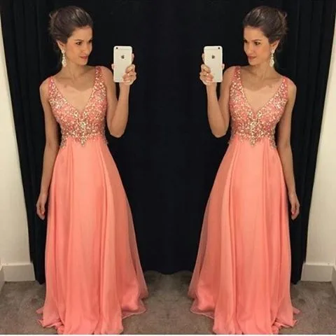 

Robe De Soiree 2018 A-Line deep V Neck Prom gown Color Chiffon Floor Length Plus Size Long With Beads bridesmaid dresses