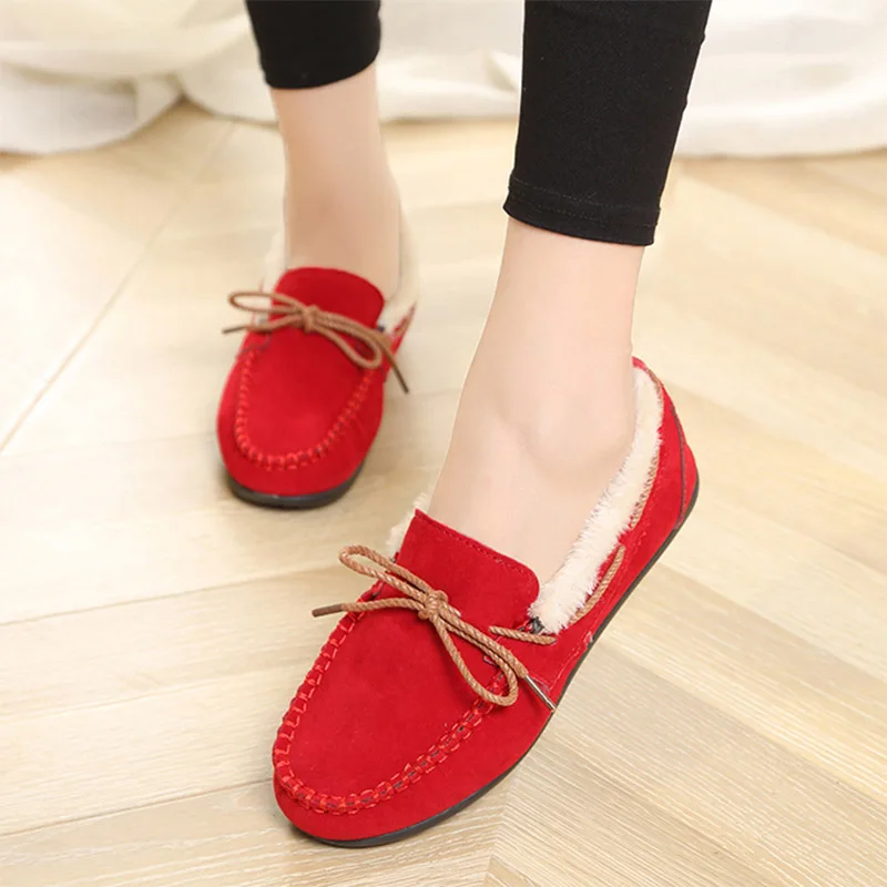Winter Women Loafers Plush Slip on Flat Shoes Bow Woman Flats Warm Loafer Wool Casual Fur Boat zapatos mujer 7802G | Обувь