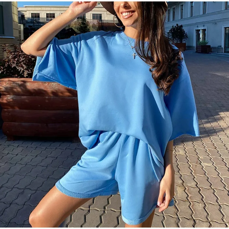 Shorts Sports Suit Urban Women Sets Loose T-Shirt + Casual Pants Set Woman 2 Pieces Summer 2021 New European American Sportswear