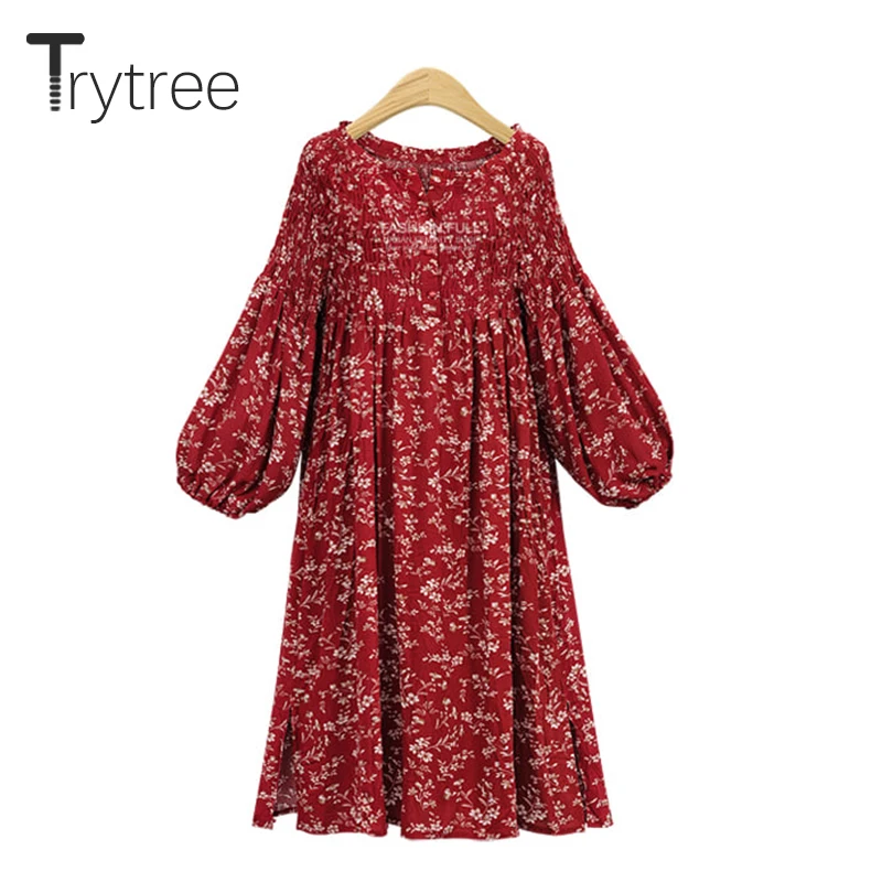 

Trytree Autumn Dress Casual Women Print O-Neck Puff Sleeve Button Shirt Dresses A-line Polyester Mid-Calf Vacation Style Dress