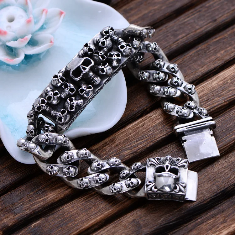 BOCAI New solid 925 silver jewelry retro Thai silver skull s925 silver bracelet for man wide face thick domineering man bracelet
