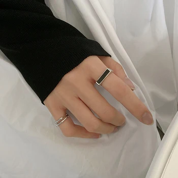 

ModaOne Black Cool Rectangular Geometric Adjustable Thai Silver Color Rings For Women Mens Finger Simple Punk Fashion Jewelry