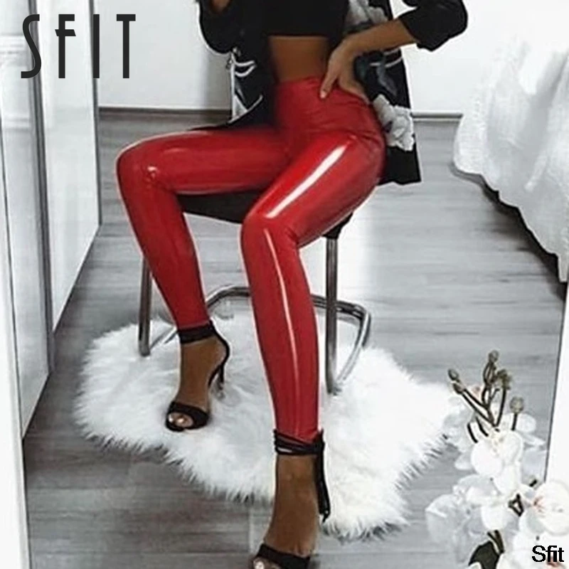 Sfit модные брюки из искусственной кожи с высокой талией, обтягивающие леггинсы для женщин из искусственной кожи, обтягивающие брюки-карандаш, женские плотные брюки