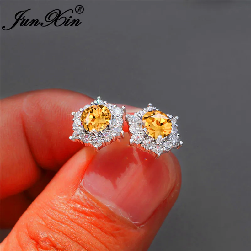Champagne Earring Женский циркон с радужным блеском, маленькие шестигранные серьги, 925 серебро, красочные, зеленый, фиолетовый, красный камень, снежинка, серьги-гвоздики для женщин - Окраска металла: Champagne Earring
