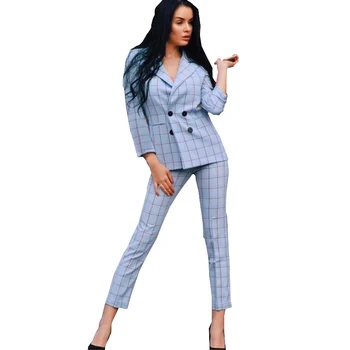 

TAOVK Office Lady Plaid Work Pant Suits Notched Collar Blazers and Pants Women Autumn Two Piece Suits