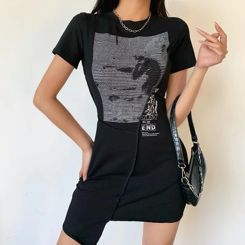 InstaHot women patchwork slim mini dress short sleeve printed round neck asymmetric hem streetwear casual cotton dresses 2020