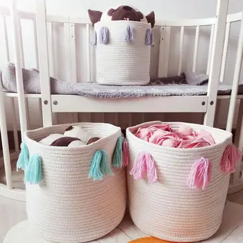 

Cotton Knitted Rope Tassel Home Storage Basket Photo Decor Toy Holder Organizer children's toys Storage Baskets