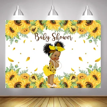 

Little Princess Baby Shower Backdrop Photo Studio Sunflowers Newborn Black Skin Girl Birthday Background Leaves Cake Table Decor