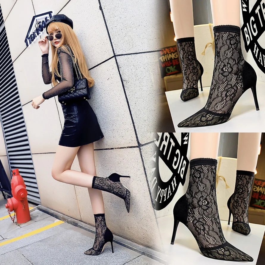 

winter boots women black Fashion sexy high heel boots Nightclub lace women's shoes with pointed toe boots Sock Boots Knitting
