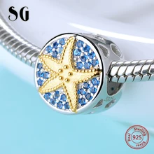 SG starfish charm with yellow Enamel charm bead 925 sterling silver Blue zircon charms for DIY charms Bracelet women gifts