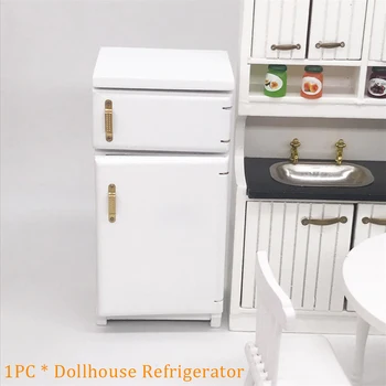 

Living Room Dollhouse Refrigerator Fridge Solid Wood Miniature Furniture White Kids Toy Kitchen Home Ornament Pretend Play DIY