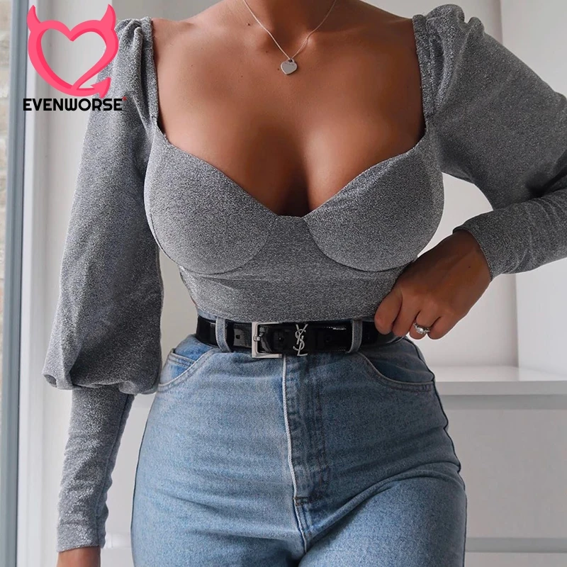 

Evenworse Spring New Puff Sleeve Chiffon Shirt Women Retro Square Neck Sexy Backless Blouse 2020 Fashion Silvery Slim Crop Tops