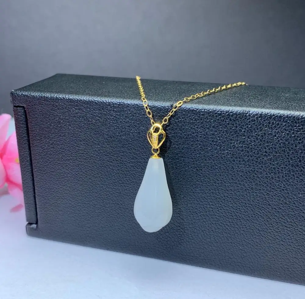 

SHILOVEM 18k yellow gold natural white Jasper pendants Christmas Gift fine Jewelry wedding no necklace new 8*17mm mymz0817644hby