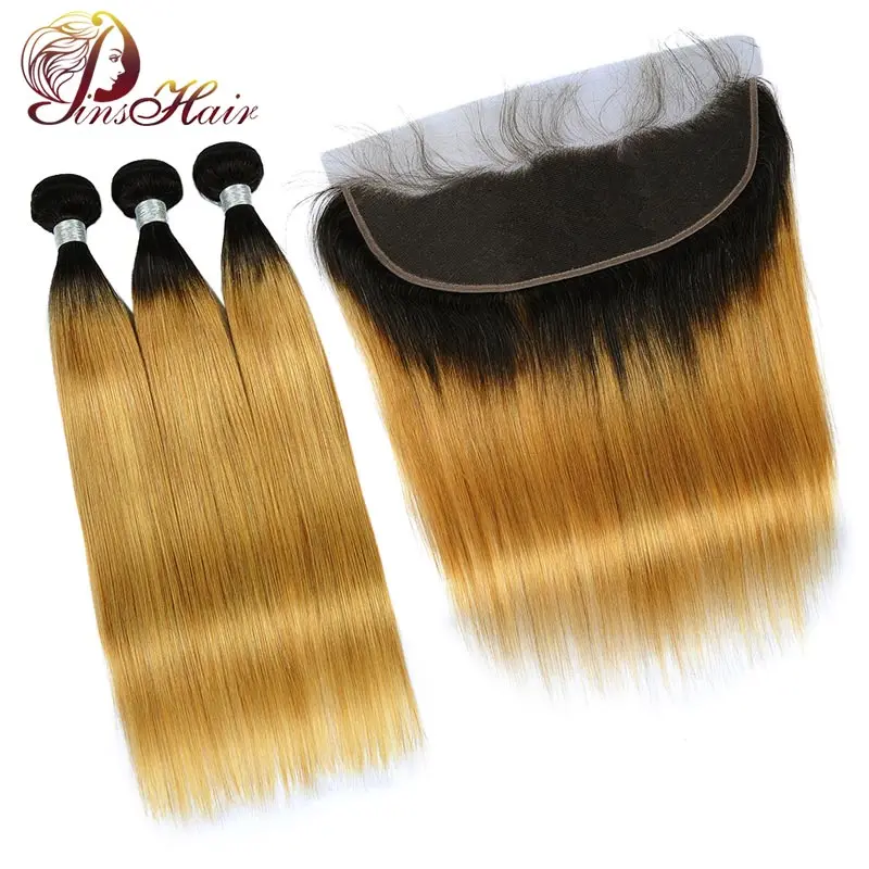 

Brazilian Straight Human Hair Bundles With Frontal T1B/27 Blonde Ombre Bundles With Closure Pinshair Nonremy Hair With Baby Hair