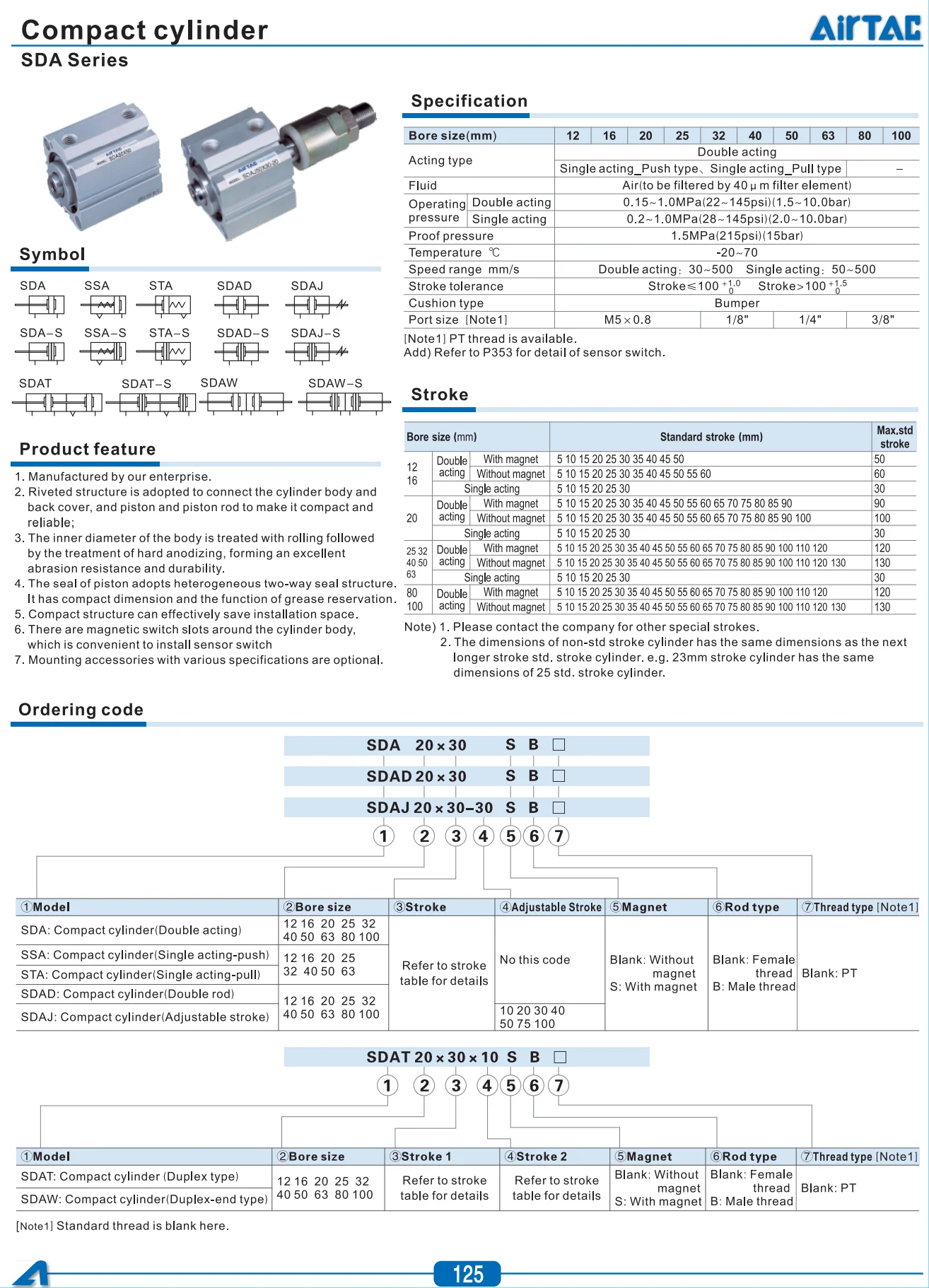 SDA32X50SB SDA32X40SB компактный воздушный цилиндр пневматический компонент пневматические инструменты SDA Серия