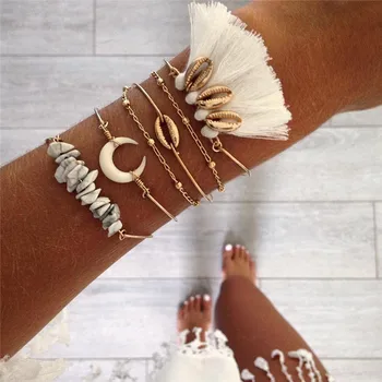 

6Pcs/Set Vintage Classic Stone Shell Moon Stone Tassel Chain Multilayer Adjustable Open Bracelet Set Charm Girl Jewelry New Gift
