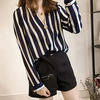 

Fashion Stripe Chiffon Blouse 2019 Autumn New V-neck Long Sleeve Shirt Women Plus Size Shirt Elegant Office Feminine Blouse u