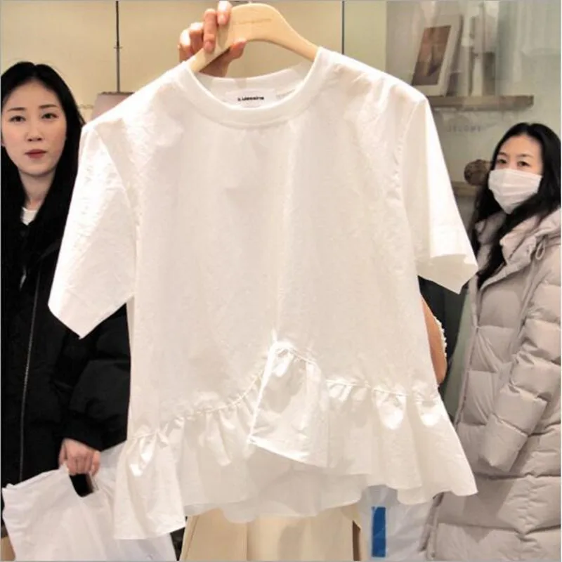 Корейская 2019 летняя новая хлопчатобумажная Женская Футболка Harajuku белая короткая