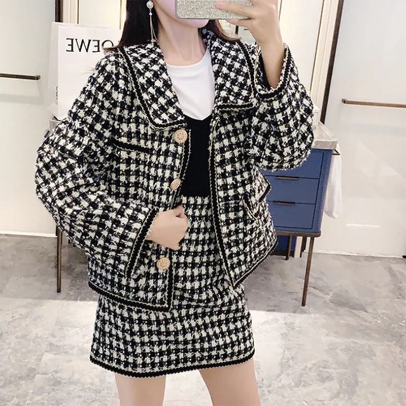 2019 Mode Herfst Winter dame Kleine Geur Tweed Wollen Jas Jas + Korte Rok Tweedelige Vrouwen Elegante Rok sui