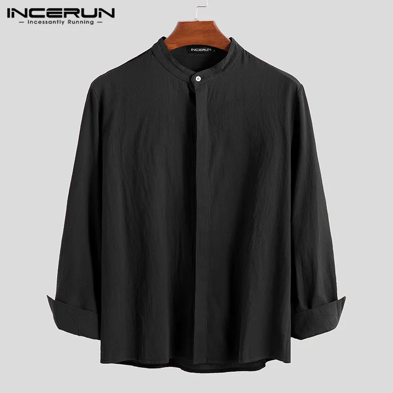 INCERUN 2019 Мужская Повседневная рубашка однотонная Модная Повседневная блузка с длинными рукавами и воротником-стойкой хлопковые мужские