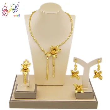 

Yulaili Fashion Dubai Gold Jewelry Sets for Women Charm Flower Necklace Earrings Bracelet Ring Party Jewellery Free Shipping