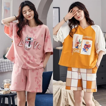 

Plus Size Sweet Print Home Casual Two Piece Set Women Comfort Loose 2020Summer New Fashion Lady Tops Tshirt Shorts Suits Clothes