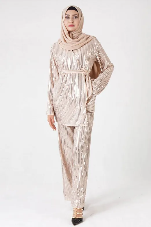 Dromiya Two Piece Set Women Roupas Sequin Abaya Dubai Muslim Tops Femme 2 Pieces Pantalon Two Piece Set Top And Pants