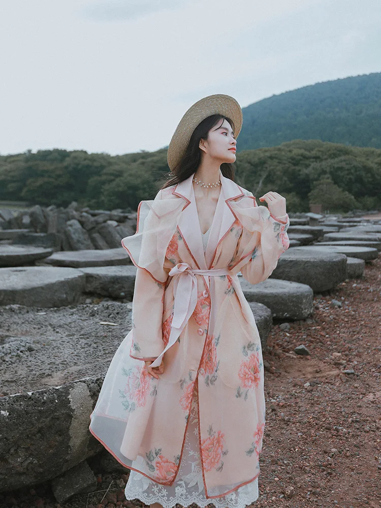 IRINAMS01 FW коллекция винтажный цветочный органза Женский Тренч длинное