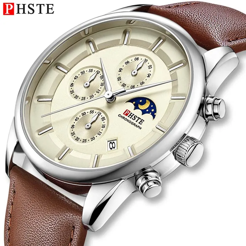 

PHSTE Mens Watches Quartz Chronograph Moon Phase Date Waterproof Brown Calfskin Leather Brand Luxury Wrist Watch Male Beige Dial