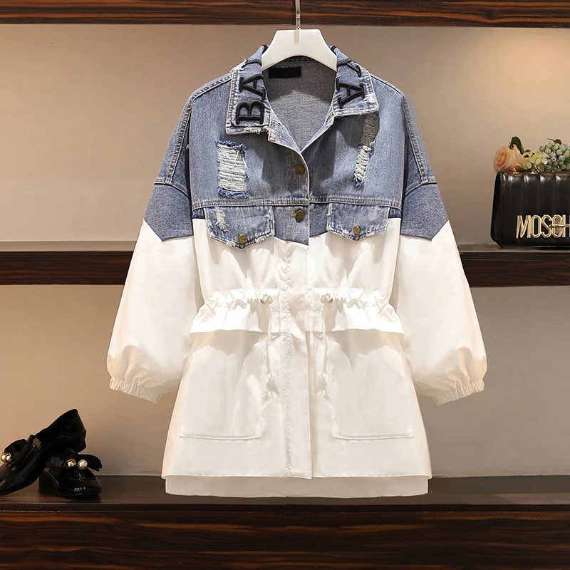 

Patchwork Denim Women's Windbreaker Lapel Lantern Sleeve Hit Color Drawstring Plus Size Trench Coat Female 2020 Spring Fashion