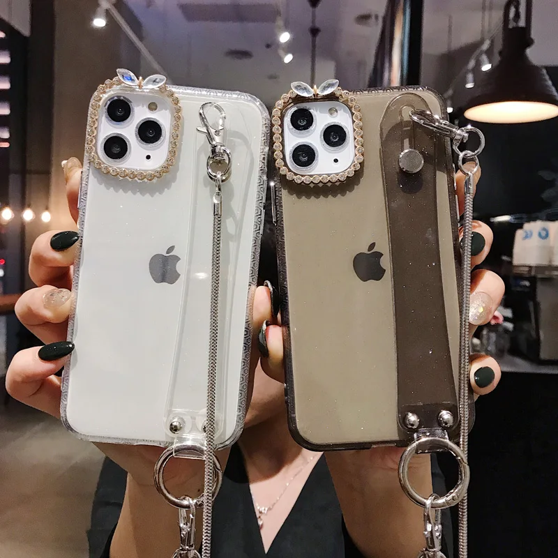 Ремень шнур цепь чехол для телефона для iPhone 6 6s 11 Pro Xs Max Xr X 7 8 Plus прозрачный чехол со стразами Мягкий ТПУ плечевой ремень задняя крышка