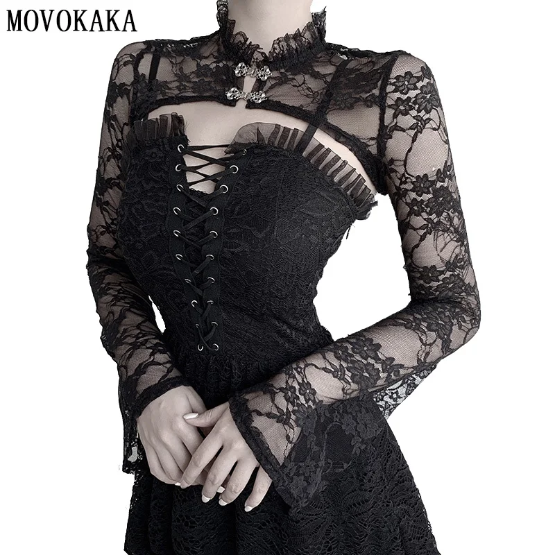 

MOVOKAKA New Black Sexy Crop Top Women Lace Tank Top Inside Blouse Tops Slim Top Female Flare Sleeve Sexy perspective Tops Women