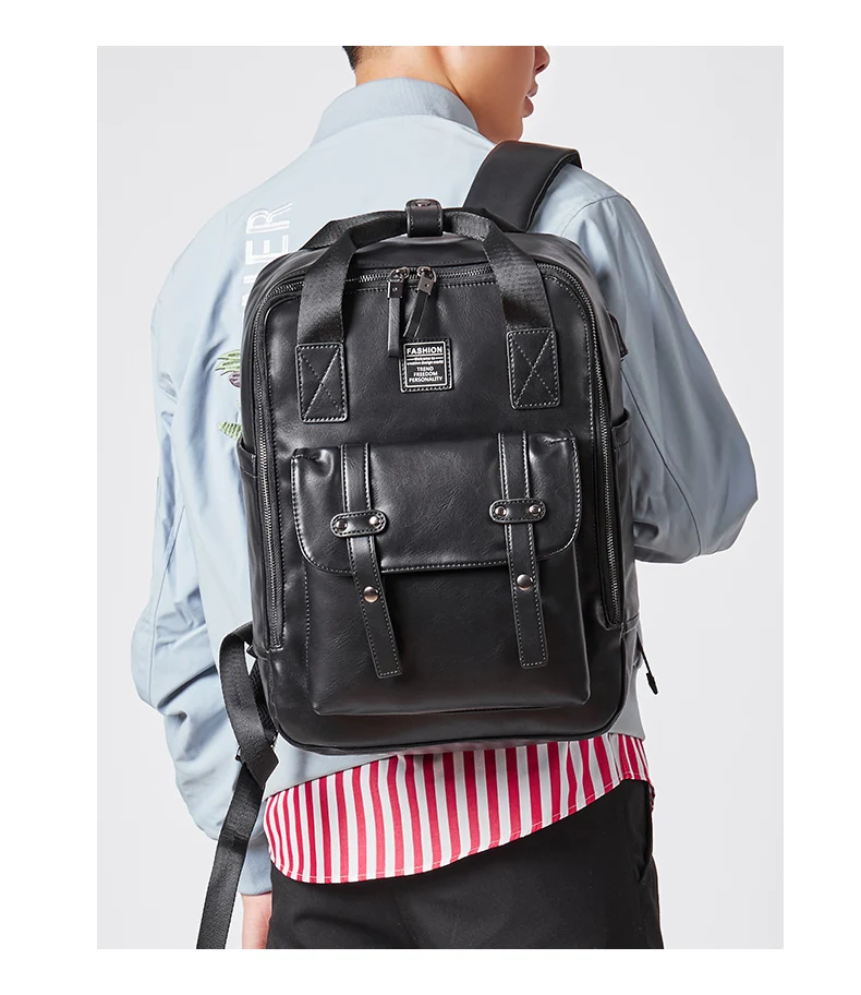 New Large Travel Backpack Teenagers School Book Bag Cowhide PU Leather Male Leisure Bag Men Laptop 14" Backpack
