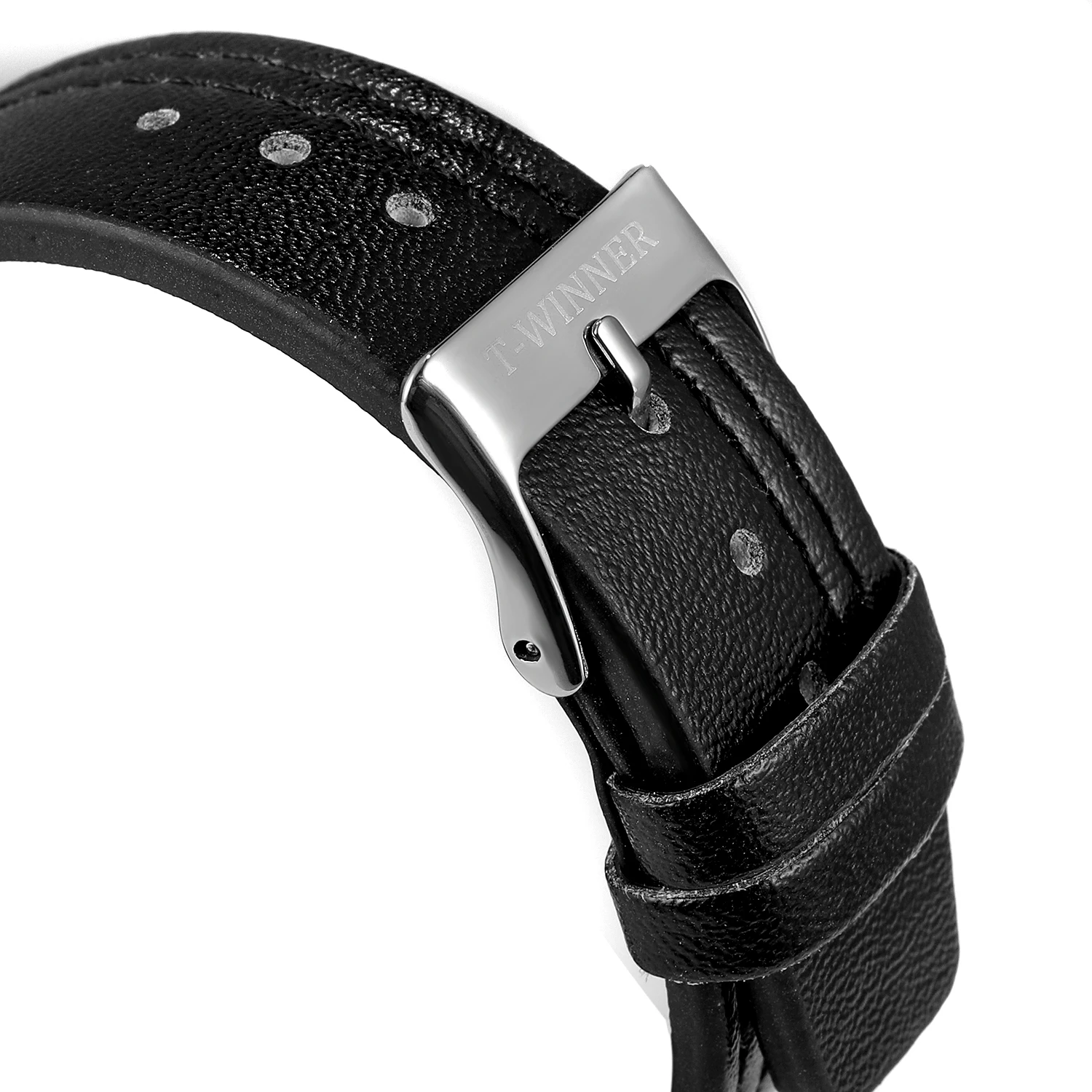 T-WINNER Modische, schlichte und lässige Herrenuhr mit schwarzem Zifferblatt, silbernem Gehäuse, schwarzem Lederarmband, automatische mechanische Uhr_voghion.com