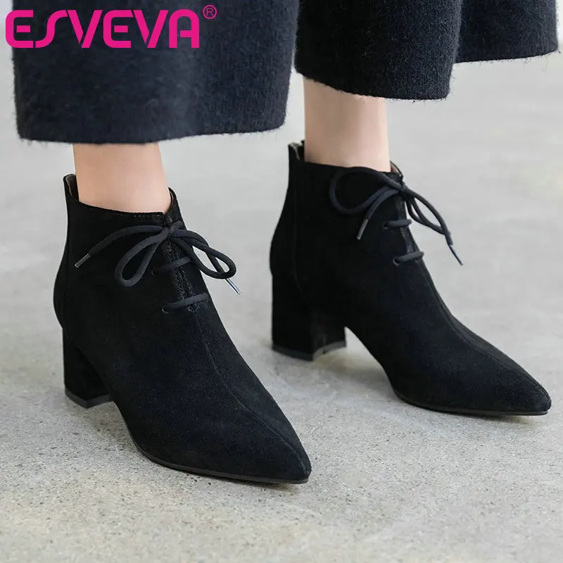 

ESVEVA 2020 Women Shoes Winter Ankle Boots Princess Med Heel Pointed Toe Lace Up Flock Motorcycle Platform Boot Size 34-39