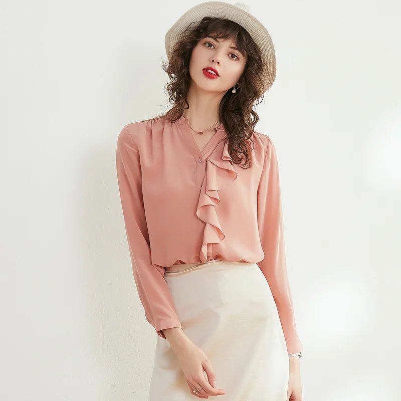 Женская блузка 16 мм натуральный шелк креп блузка с длинным рукавом оборки планки блузка для женщин Blusas femininas весна осень - Цвет: Rubber Pink