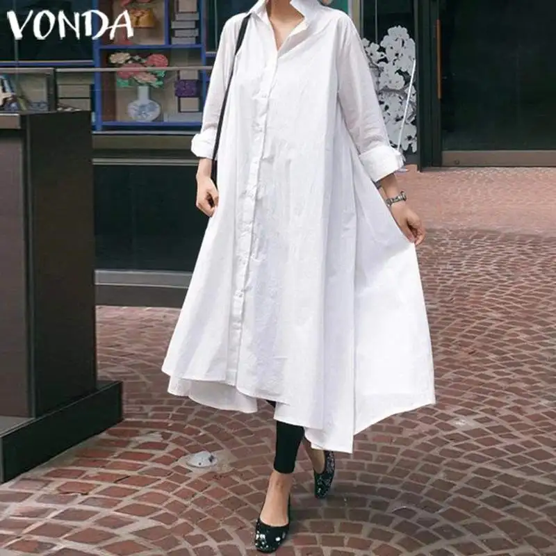

VONDA White Dress Women Casual Loose Turn-down Collar Asymmetrical Shirt Dress 2019 Female Sexy Split Hem Party Vestido S-5XL