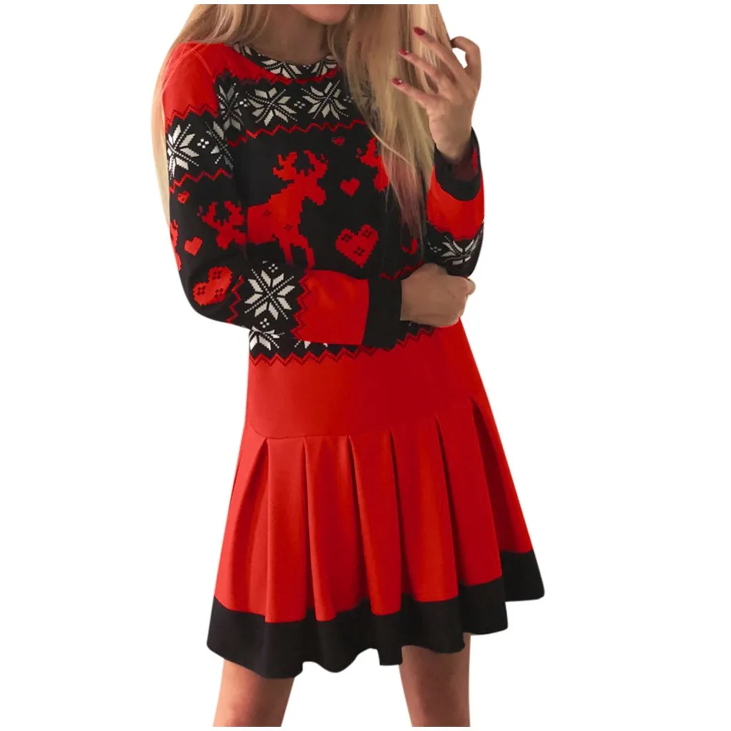 Женская осенне-зимняя одежда для рождественской вечеринки, облегающее повседневное женское мини-платье, круглый вырез, длинный рукав, обычный размер, пуловер