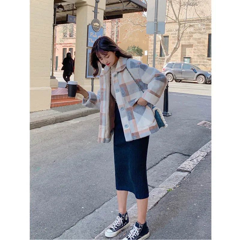 

Lattice Velvet Jacket Female Short Autumn Winter Jacket Korean Loose Warm Thick Woolen Coat 2023 Fashion Long Sleeve Cotton Coat