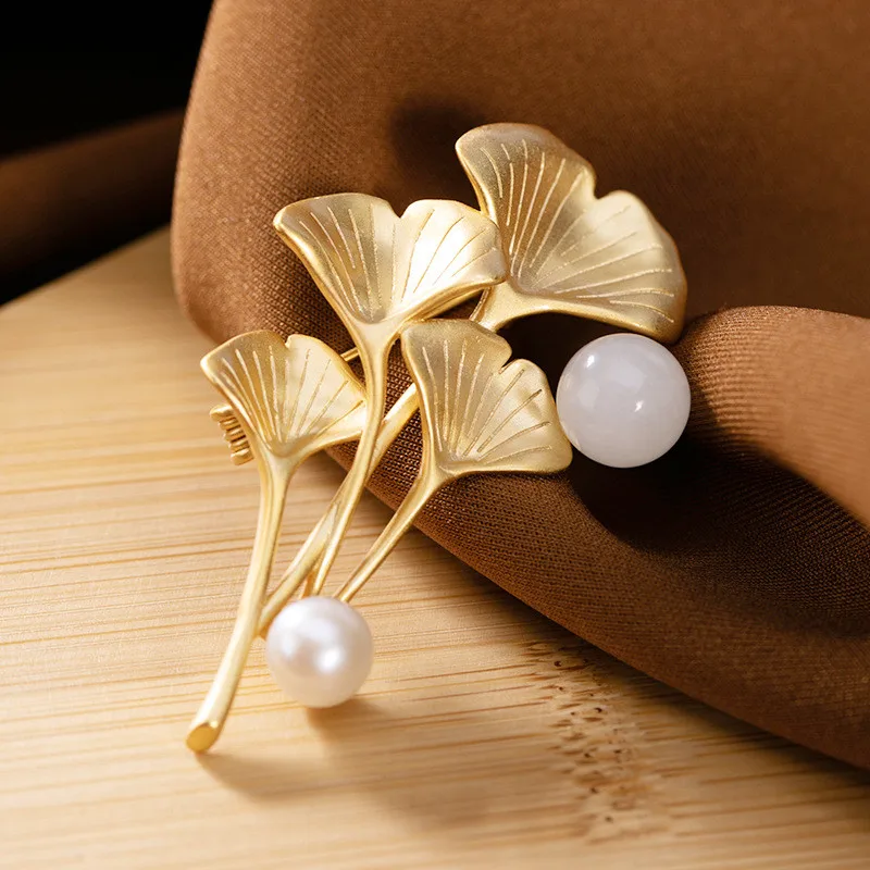 

925 Sterling Silver Brooch Jade Pearl Ginkgo Leaf Brooches For Women Pins Gold Plated Jewelry Luxury Gift Mother Girlfriend