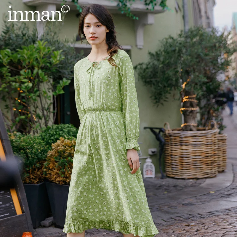 INMAN 2020 Spring New Arrival Literary Printed Cotton Round Collar Lace-up Collect Waist Lace Lower Hem Long Sleeve Dress INMAN 2020 Spring New Arrival Literary Printed Cotton Round Collar Lace-up Collect Waist Lace Lower Hem Long Sleeve Dress